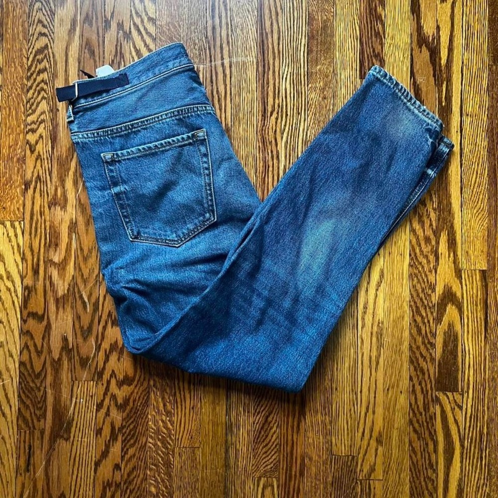 Acne  blue slim straight leg jeans with adjustable sides